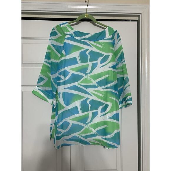 Dana Kay Lightweight Flowy Career Tunic Top Blouse Sz 16 Blue & Green Pleated - Picture 6 of 8